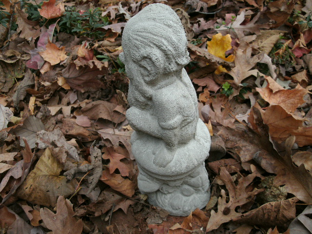 Vintage Cement 11" Gnome Elf on Mushroom Garden Statue Weathered