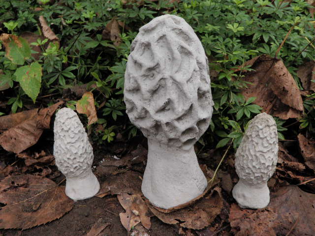 4 1/2"-8 1/2" Tall Cement Morel Mushroom Set of 3 Garden Art Concrete